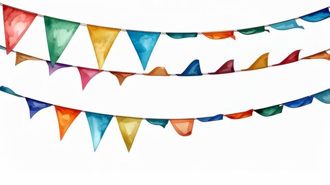 Watercolor festive bunting flags with vibrant colors arranged in rows