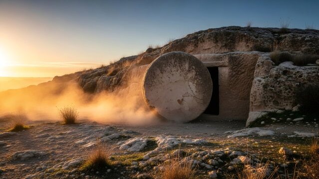 Empty tomb of Jesus with rolling stone door open and bright sun rays. Symbol of resurrection and new life for Christianity, Easter holiday.