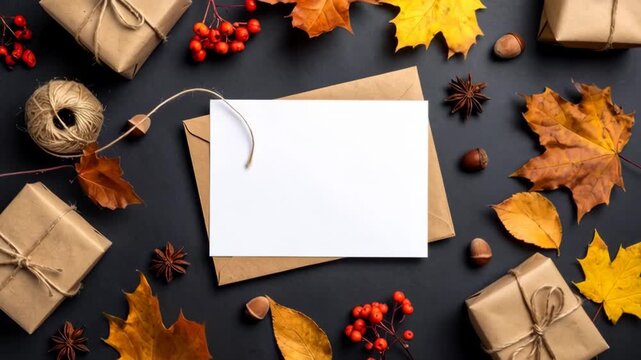 Autumn flat lay with blank greeting card, gifts, leaves, berries, and nuts on dark background