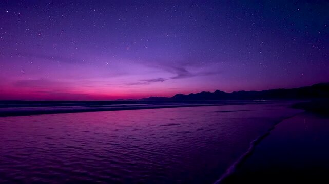 Vibrant purple pink sunset sky with starry night over calm ocean beach waves mountains silhouette