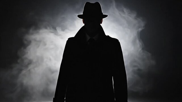 Dramatic dark cinematic shot capturing a mysterious spy silhouette standing within a bright circular glowing light, high contrast film noir aesthetic with misty atmosphere and intrigue.