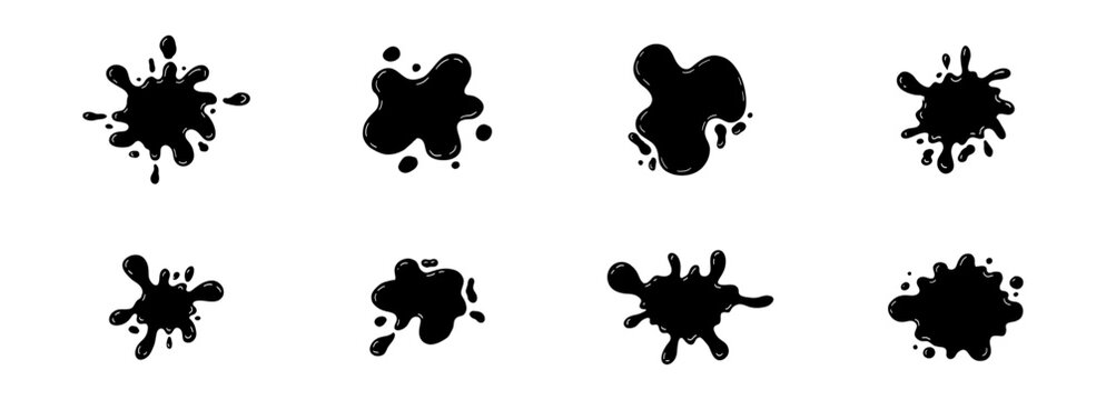 Black smooth ink shiny blob form set. Splash with glossy drops, round abstract shapes silhouette liquid. Soft fluid organic puddle border, frame. Current drops. Ink Paint fall down liquid.