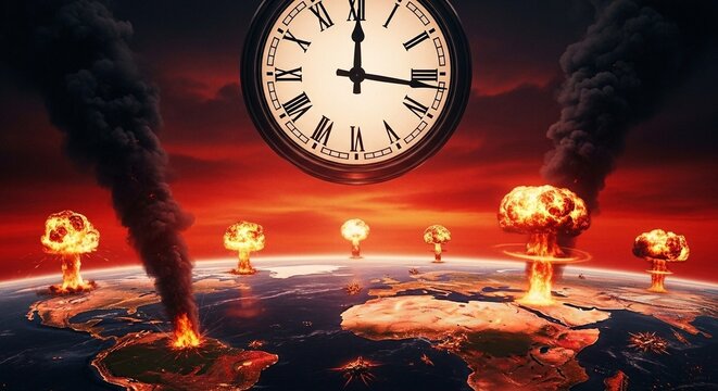 Global nuclear explosions with doomsday clock over Earth