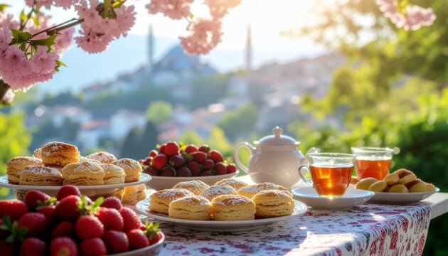 Elegant outdoor spring tea party with fresh strawberries and homemade scones overlooking a historic city landscape, bathed in warm morning light, offering a picturesque view