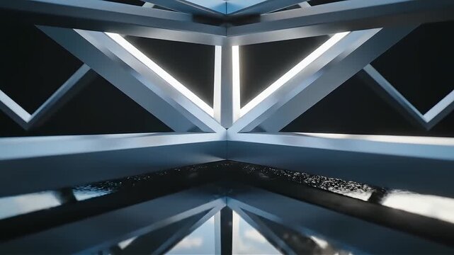 Futuristic architectural interior with geometric steel framework and reflective floor creates a modern abstract space evoking innovation and technological advancement
