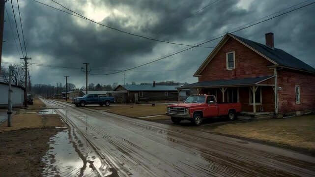 Red barn farmhouse with vintage pickup truck muddy road puddles under dramatic stormy gray clouds rural scene