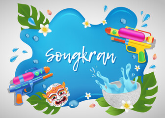 Traditional Songkran Festival Celebration Background with Water Bowl and Water Gun