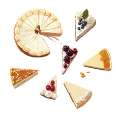 Assortment of delicious cheesecake slices arranged in a semi-circle formation