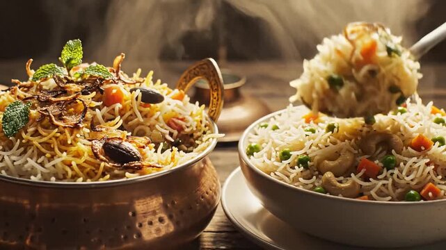 Cinematic footage comparing aromatic vegetarian biryani and fragrant vegetable pulav, showcasing steaming basmati rice and authentic Indian culinary tradition in slow motion.