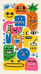 Naklejka premium Whimsical and colorful abstract characters with fruits and drinks in a playful composition