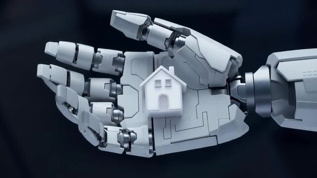 Humanoid robot hand holding small house model on open palm