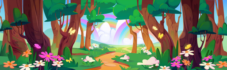 Spring Forest Landscape with Trees, Flowers, Butterflies, and Rainbow Illustration