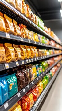 Snack food packages lined up on shelves in a brightly lit supermarket aisle