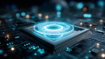 Fototapeta premium Quantum computer glowing with intricate light patterns, advanced computation representation, quantum physics breakthrough, dark mystical atmosphere, defocused illumination, with co
