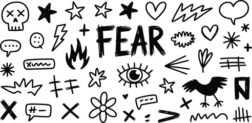 Hand drawn fear doodle symbols illustration set, expressive abstract icons hearts stars arrows eyes, bold sketch style, creative graphic elements