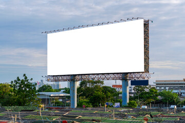 Empty large business commercial billboard for rent on white background are installed on side of expressways on city so that motorists on highway can see advertisements with sky and cloud