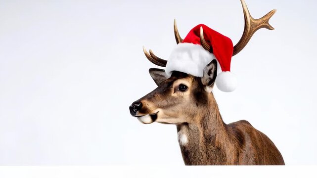 Deer wearing a red Santa hat with white trim and a fluffy pompom