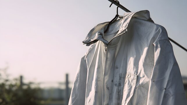 White protective coverall hanging outdoors on hanger.