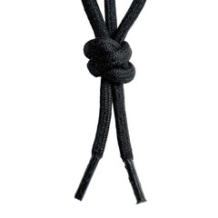 Black shoelaces tied in a knot against a black background, tightly focused