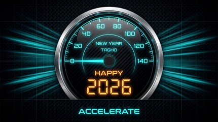 A futuristic speedometer with a neon-lit Happy 2026 message accelerating forward