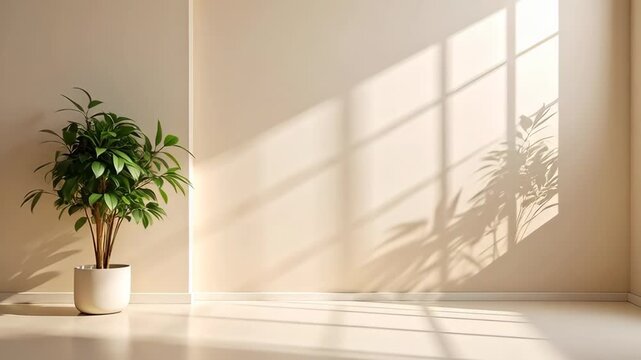 Potted green plant in an empty room with warm sunlight casting shadows from a window.