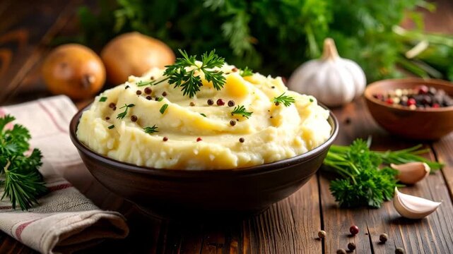 Creamy mashed potatoes generously garnished with fresh parsley and black peppercorns