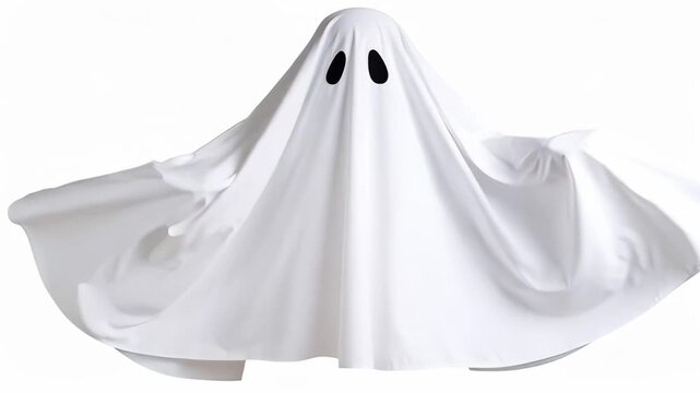 Cute cartoon ghost with black oval eyes and white flowing sheet against a white background