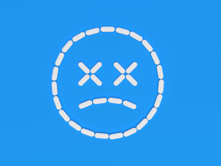 Emoji with X eyes. Pills isolated on blue background. 3d illustration.