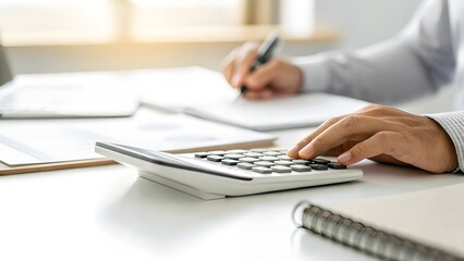 Fototapeta premium Close Up of Fingers Pressing Calculator Buttons on a Clutter Free Desk, Professional Workspace Scene Highlighting Focused Financial Calculation, Precision, and Modern Office Productivity