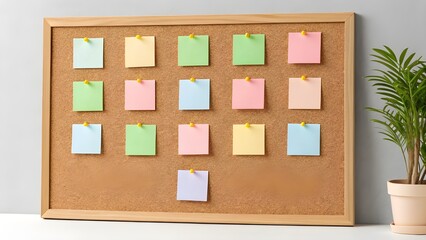 Fototapeta premium Cork Bulletin Board Covered with Color Coded Sticky Notes, Creative Organization Concept Highlighting Planning, Brainstorming, and Colorful Productivity in a Modern Office or Study Space