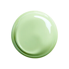 Smooth, round swatch of light green, glossy cosmetic product on black backdrop