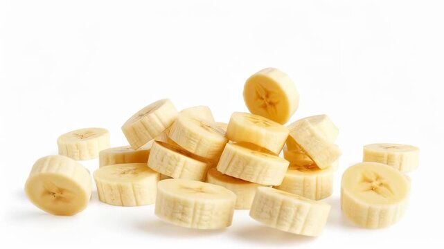 Freshly Sliced Bananas Falling and Piled Together on White Background