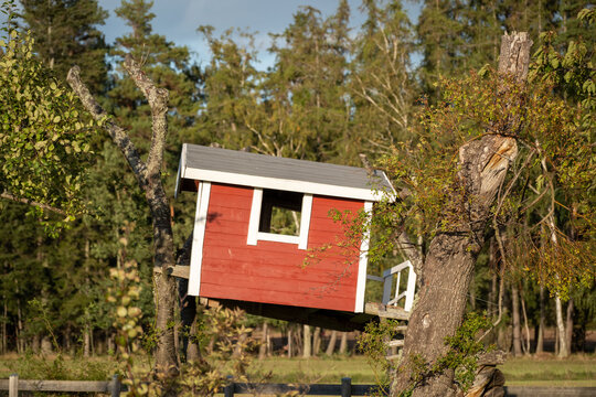Red swedish treehouse on Visings&ouml; island