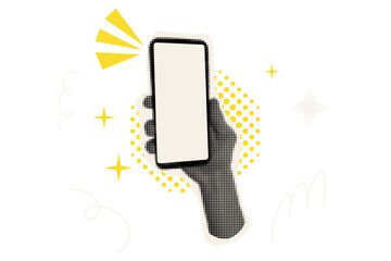 Phone in hand cut out halftone collage elements set. Pop art retro phone with empty screen sticker. Social media poster. App cover mockup. Smartphone blank display.