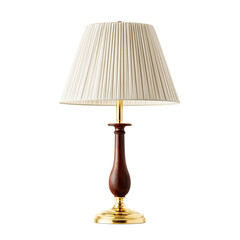 Elegant table lamp with pleated shade, wood base, & brass accents on black