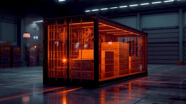 Glowing orange container data center module in large empty warehouse with warm neon lighting