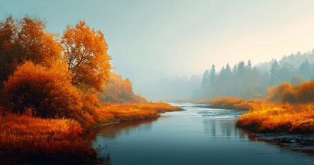 Tranquil Autumn Landscape with River and Colorful Foliage in Misty Morning