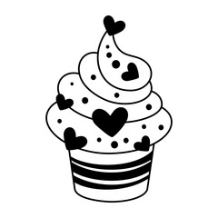Cartoon Valentine cupcake doodle in black color, Love sweet food, Valentines day design, Romantic tasty bakery, Vector illustration.