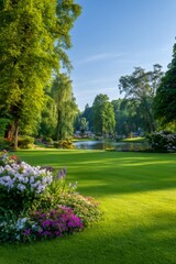 Green lawn and colorful flowers in a tranquil public park