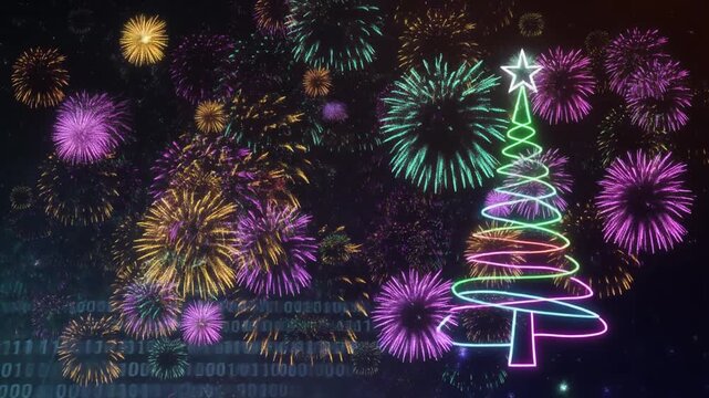 Colorful fireworks in night sky with neon Christmas tree of swirling lines and glowing star, digital elements.