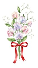 Watercolor Sweet Pea Flower Bouquet with Red Ribbon Illustration.