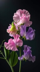 Vibrant pink and purple sweet pea flowers blooming against a dark background.