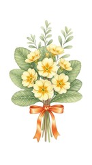 Watercolor Primrose Bouquet with Orange Ribbon on White Background.