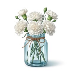 Beautiful White Carnations in a Rustic Mason Jar Illustration.