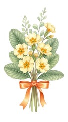 Watercolor Primrose Bouquet with Orange Ribbon on White Background.