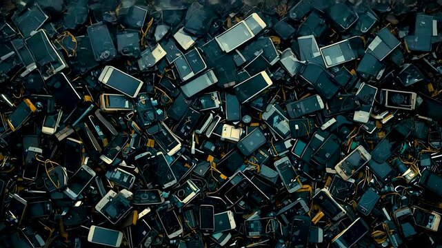 Pile of scattered old smartphones screens glowing blue dark chaotic electronic waste heap
