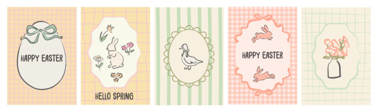 Hand drawn whimsical Easter greeting card set with bunny, goose, flowers, bows. Naive sketch style spring illustrations on pastel checkered and striped backgrounds for Easter greetings, nursery decor.
