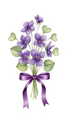 Watercolor illustration of a beautiful violet flower bouquet tied with a purple ribbon.