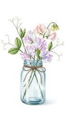 Watercolor illustration of sweet peas in a mason jar.