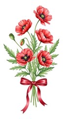 Watercolor illustration of a beautiful red poppy flower bouquet tied with a ribbon.